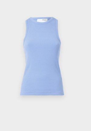 Light blue ribbed tank top with a round neck and no sleeves. Features a fitted silhouette and a smooth texture.