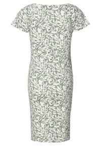Vestido floral en verde claro, con patrones botánicos en blanco y negro. Mangas cortas y diseño ajustado, que muestra una textura de tela suave.