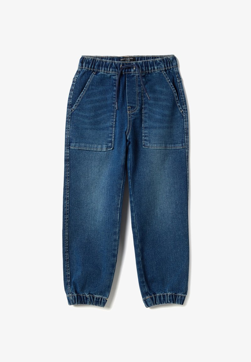 Blauwe denim joggerbroek met elastische tailleband en boordjes, voorzakken en een trekkoord in de taille.