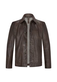 Braune Lederjacke mit kragenförmigem Ausschnitt, Knopfverschluss und langen Ärmeln. Verfügt über eine glatte Textur und dezente Steppdetails.