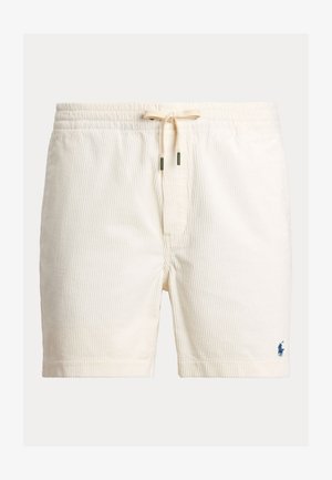 Kreemikollased ujumispüksid vertikaalsete triipudega, elastse vöökohaga ja paelaga sulgemisega. Vasakul jalal on väike sinine logo.