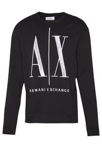Felpa nera con un grande logo bianco "AX" e il testo "ARMANI EXCHANGE". Realizzata in tessuto morbido, con maniche lunghe e collo rotondo.