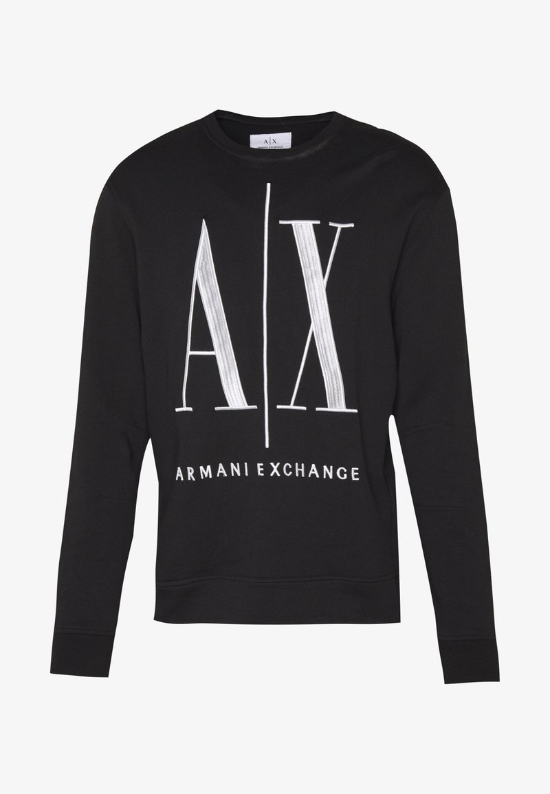 Felpa nera con un grande logo bianco "AX" e il testo "ARMANI EXCHANGE". Realizzata in tessuto morbido, con maniche lunghe e collo rotondo.