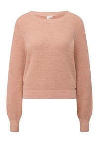 Jasnoróżowy krótki sweter z teksturowanej dzianiny, z długimi rękawami i okrągłym dekoltem. Ribby przy mankietach i dolnym brzegu dodają struktury.