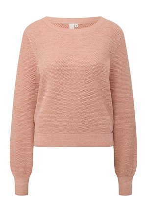 Helles rosa, kurzes Sweatshirt aus strukturiertem Strick, mit langen Ärmeln und rundem Ausschnitt. Gerippte Bündchen und Saum sorgen für Stabilität.
