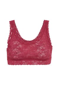 Frambozen kant bralette met brede banden en gegolfde randen, met een doorschijnende, delicate textuur en een bloemig patroon doorheen.