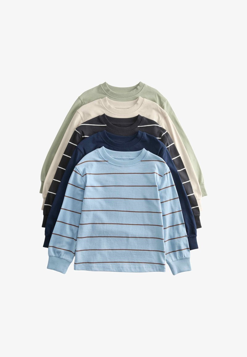 Five long-sleeve crewneck shirts layered, featuring solid and striped patterns in blue, navy, black, beige, and light green colors.