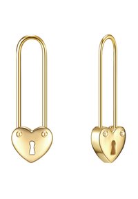 Lucchetti a forma di cuore dorati con design a foro della chiave, dotati di una superficie liscia e bordi arrotondati, attaccati a ganci allungati.