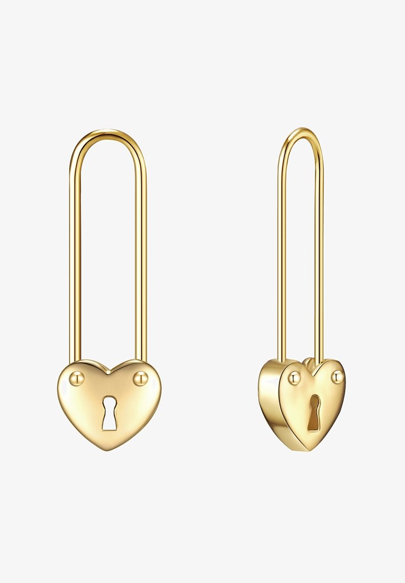 Lucchetti a forma di cuore dorati con design a foro della chiave, dotati di una superficie liscia e bordi arrotondati, attaccati a ganci allungati.