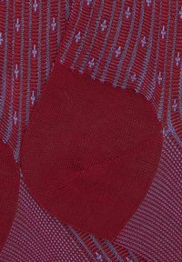 Calzini rossi con un motivo a trama caratterizzato da sottili strisce blu e piccoli rombi bianchi. Il tessuto appare morbido e lavorato a maglia.