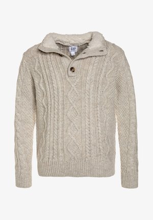 Pull crème en maille torsadée avec un col en polaire douce, doté d'une patte à deux boutons et de poignets et ourlet côtelés pour un ajustement confortable.