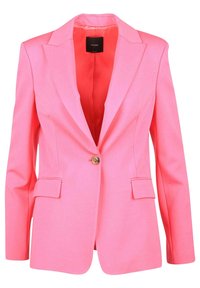 Blazer rose à un seul bouton avec revers crantés, poches à rabat et doublure lisse, coupe ajustée adaptée aux tenues formelles ou professionnelles.