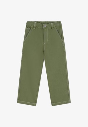 Pantalons en coton verts avec une coupe décontractée, taille élastique, poches avant et coutures blanches visibles.