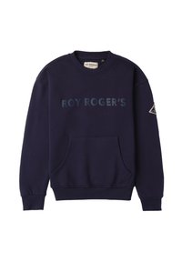 Granatowy sweatshirt z okrągłym dekoltem, przednią kieszenią typu kangurka i wypukłym napisem "ROY ROGER'S". Posiada trójkątną naszywkę na rękawie.