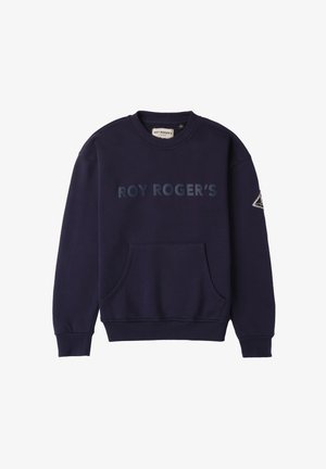 Marineblauer Sweatshirt mit Rundhalsausschnitt, vordertaschen (Känguru-Tasche) und erhabenem "ROY ROGER'S"-Text. Hat ein Dreieckslogo am Ärmel.