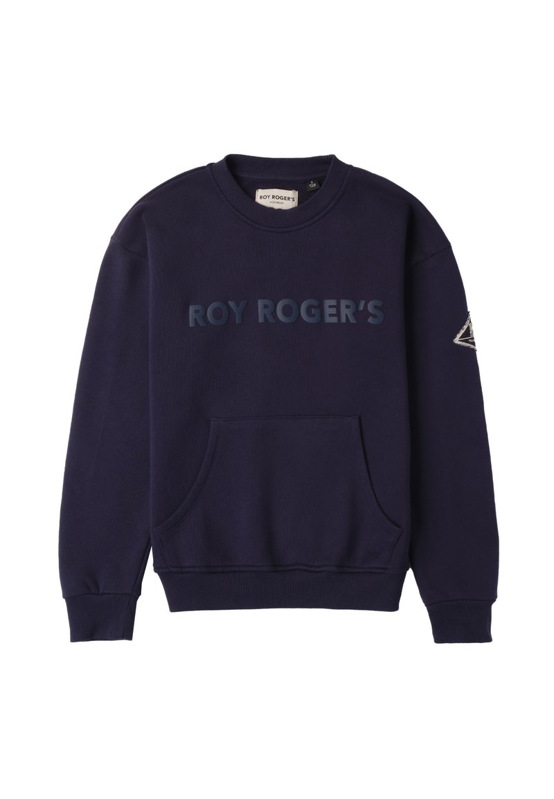 Granatowy sweatshirt z okrągłym dekoltem, przednią kieszenią typu kangurka i wypukłym napisem "ROY ROGER'S". Posiada trójkątną naszywkę na rękawie.