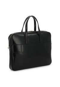 Borsa per laptop in pelle nera con manici doppi, chiusura con zip e pannello frontale piatto. Texture liscia con un design minimalista.