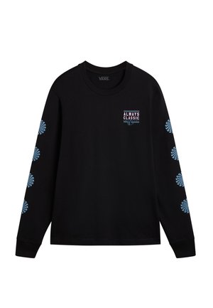 Zwart lang mouw Vans-shirt met de tekst "Always Classic" en afbeelding op de borst en blauwe cirkelvormige patronen die langs beide mouwen lopen.