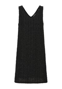 Robe sans manches noire avec un décolleté en V, en tissu texturé présentant des motifs rayés verticaux et un subtil éclat. Design droit.