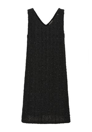 Sort ærmeløs kjole med V-udskæring, tekstureret stof med lodrette stribede mønstre og subtil glans. Lige snit design.