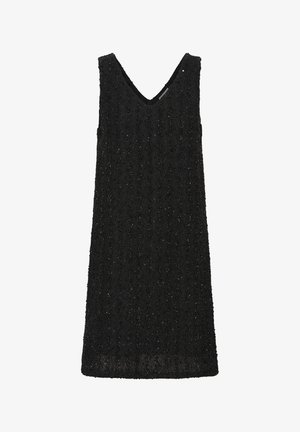 Schwarzes ärmelloses Kleid mit V-Ausschnitt, strukturiertem Stoff mit vertikalen Streifenmustern und subtiler glänzender Oberfläche. Gerader Schnitt.