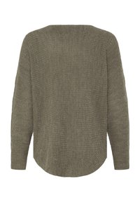 Pull en maille oversize vert olive avec manches longues, motif texturé et ourlet arrondi à l'arrière.