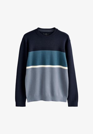 Tengerészkék és tengerzöld csíkos pulóver puha anyagból, környakkal és hosszú ujjakkal, világosszürke csíkos díszítéssel.