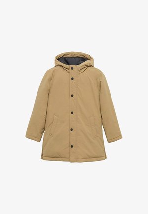 Khaki puchowa kurtka z kapturem, z zapięciem na guziki z przodu, dwoma bocznymi kieszeniami i szarym wnętrzem dla lepszego kontrastu.