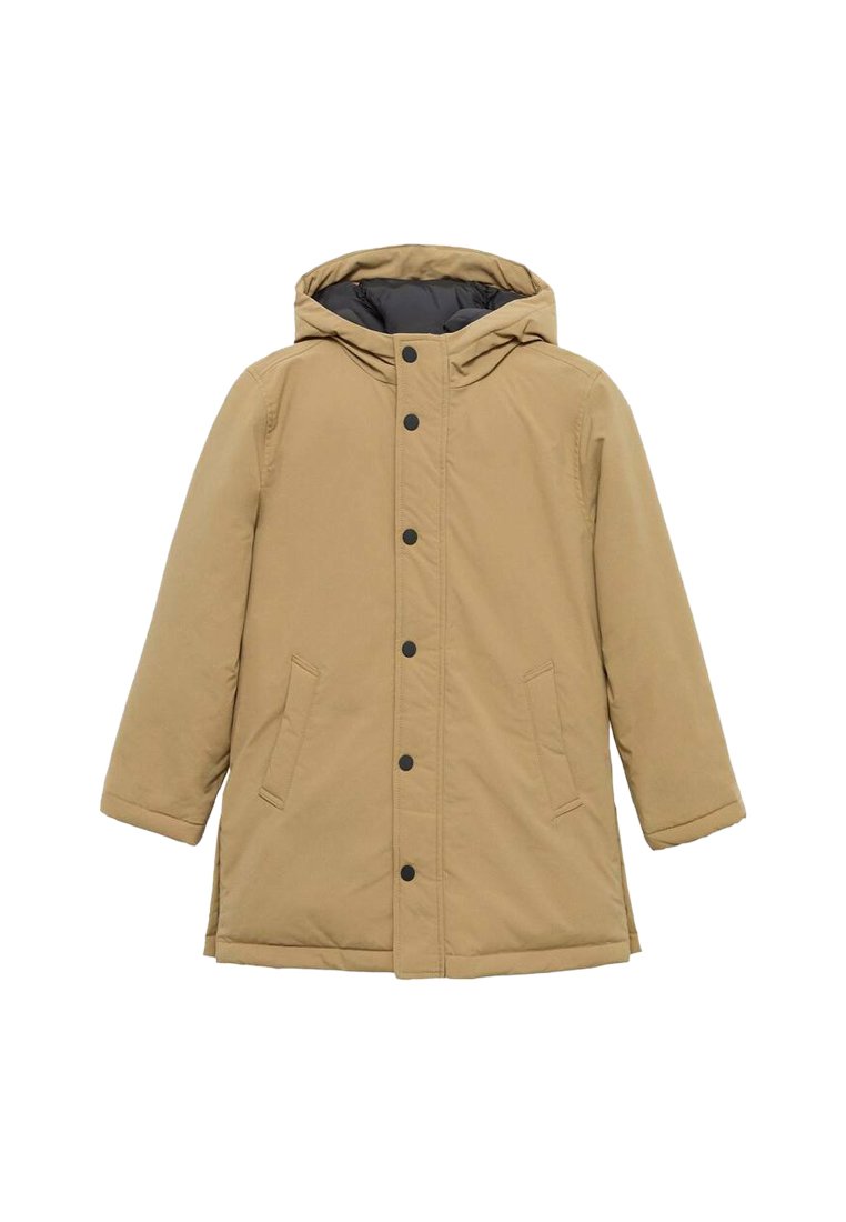 Khaki puhovka s kapuco, ki ima spredaj gumbno zapiranje, dva stranska žepa in sivo notranjo oblogo za boljši kontrast.