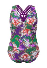 Maillot de bain une pièce avec un motif floral et corail vibrant aux couleurs vert, violet et blanc. Design de bretelles croisées avec des détails tressés.