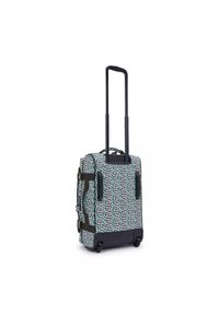 Wheeled travel bag in patterned fabric with teal, red, and black accents. Features a retractable handle and durable black base.