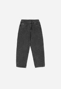 Jeans in denim nero con vita alta, gambe dritte, cinque tasche e un logo del marchio discreto sul davanti. Tessuto morbido e vestibilità casual.