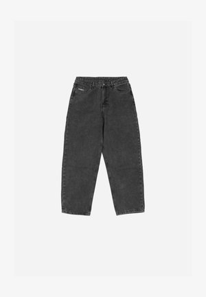 Jeans in denim nero con vita alta, gambe dritte, cinque tasche e un logo del marchio discreto sul davanti. Tessuto morbido e vestibilità casual.