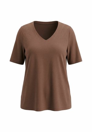 Ulla Popken, T-SHIRT, ZIERSTEINE, CLASSIC, V-AUSSCHNITT, HALBARM - Camiseta estampada - brown