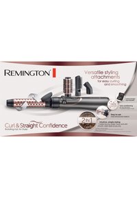 Remingtonin 2-in-1 pyörivä kuuma-ilmastyylikone mustana ja ruusukullan värisin yksityiskohdin; mukana useita lisäosia kihartamiseen ja suoristamiseen.