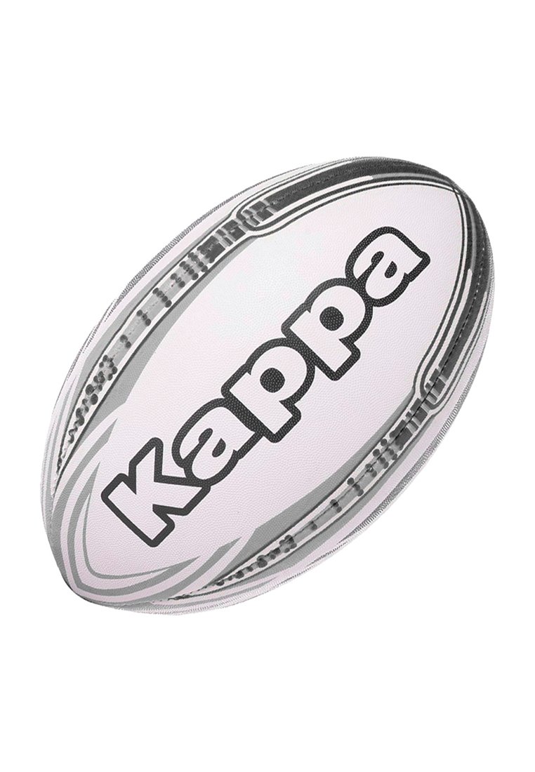 Biała piłka rugby z szarymi akcentami i teksturowaną powierzchnią, z wyraźnym czarnym logo "Kappa" z jednej strony oraz aerodynamicznym kształtem.