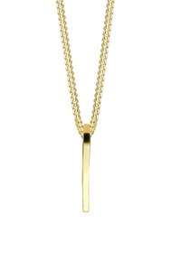 Goldfarbene Halskette mit einem flachen, rechteckigen Anhänger. Die Kette besteht aus verflochtenen, runden Gliedern, die ihr eine strukturierte Oberfläche verleihen.