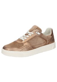 Bronzene Sneaker aus Leder und Wildleder, mit einer strukturierten Zehenkappe, weißen Schnürsenkeln und einer kontrastierenden weißen Gummisohle.