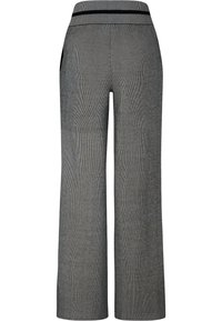 Pantalon gris à jambes larges avec texture à fines rayures, taille élastique avec rayures noires et poches latérales.