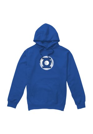 Blue hooded sweatshirt with front pocket featuring a white circle and black Green Lantern symbol centered on the chest.