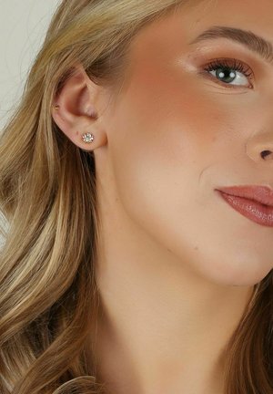 Sölvstudsörhängen med en blommig design, prydda med flera klara rhinestones. Modellen har vågigt blont hår och naturlig sminkning.