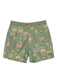 Zelené plavkové šortky s tropickým vzorom, na ktorom sú palmy a hviezdy v koralovej a žltej farbe. Elastický pás so šnúrkou, logo nášivka.