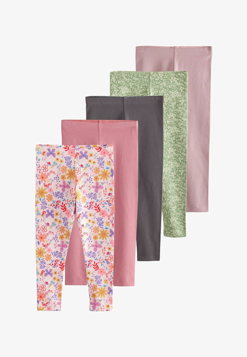 Fem par foldede børneleggings med blomsterprint, ensfarvet lyserød, mørkegrå, grøn blomster og lyserøde farver på hvid baggrund.