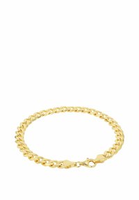 Pulsera de cadena de metal dorado con un diseño de eslabones entrelazados y un cierre de langosta. Acabado pulido, eslabones de grosor medio, textura suave.