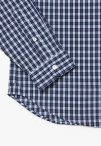 Camicia a maniche lunghe check blu e navy con polsini a bottoni, caratterizzata da un orlo curvo e una morbida texture in cotone.