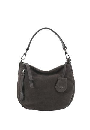 Dark gray suede shoulder bag with a single strap, zipper closure, and decorative tag on a white background.
