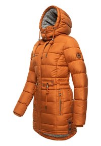 Padded orange winter jacket with a hood, featuring a textured gray lining, drawstring waist, and side pockets with zippers and leather accents.