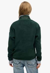 Groene fleece trui met een hoge kraag, voorzien van een contrasterende geborduurde merknaam. Gelaagd met een lichtblauw gestreept overhemd eronder.