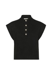 Black knitted sweater with a high collar and short, cap sleeves. Features five large silver buttons along the front placket. Soft texture.