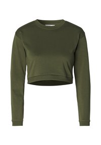 Olivgrüner, kurzer Pullover mit langen Ärmeln, Rundhalsausschnitt und glatter Textur. Verfügt über einen taillierten Saum und ein schlichtes Design.